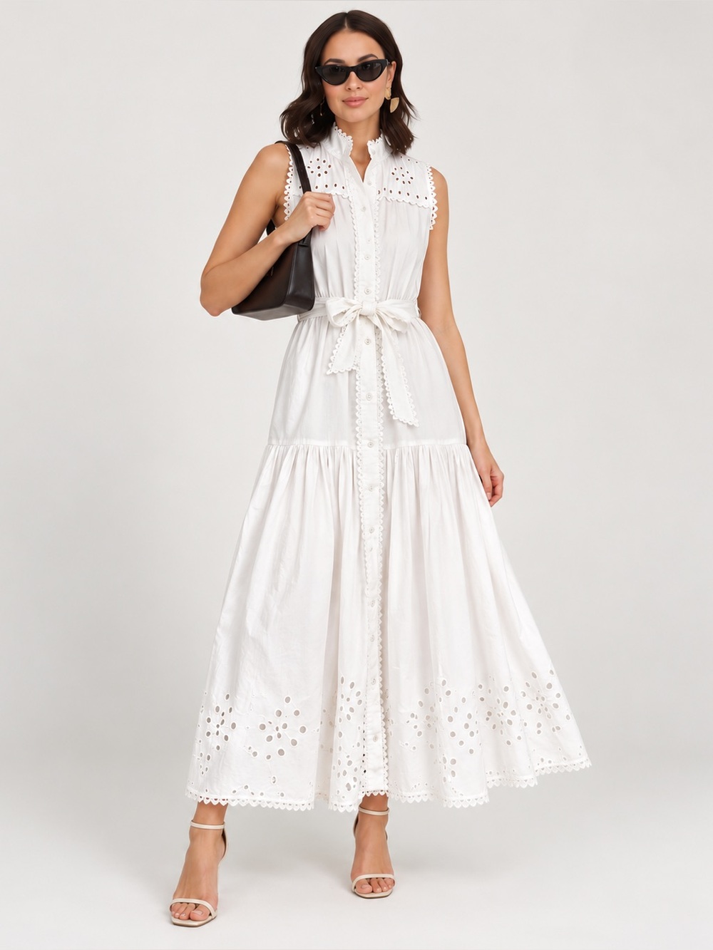 Avec Les Filles Sleeveless White Maxi Dress with Tie Waist Medium